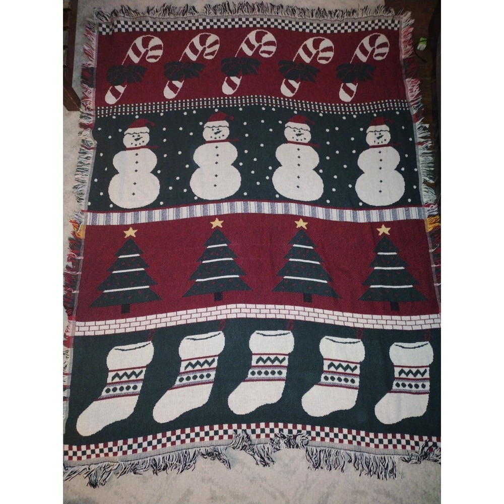 Christmas Tapestry Throw Blanket Candy Cane Snowman Stockings Trees Crown Crafts